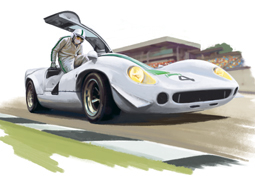 Pastiche illustrator Garry Walton illustrations for Goodwood Revival Programme