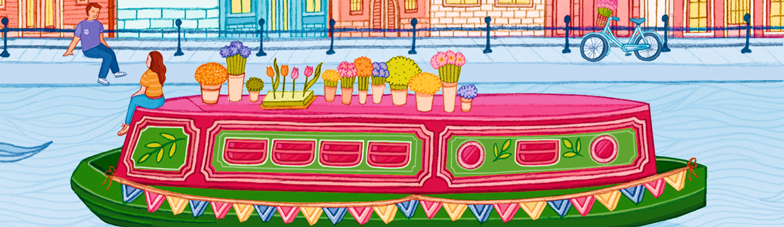 Lindsey Spinks illustrated book cover for The Floating Amsterdam Flower Shop