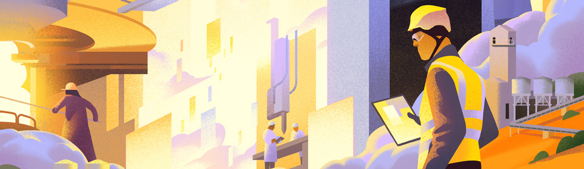 Illustrator Mark Boardman's illustration of a solar production line.