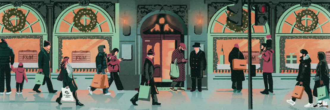 Harry Milburn illustration of people shopping outside Fortnum and Masons, represented by Meiklejohn Illustration Agency