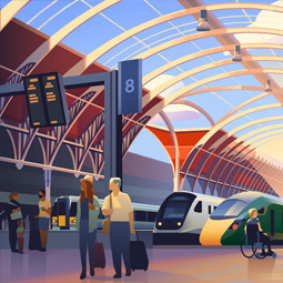 Illustrator Mark Boardman Artist Portfolio card represented by Meiklejohn, illustration of a train station