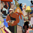Illustrator Sophie Parsons illustration of a bustling market scene.